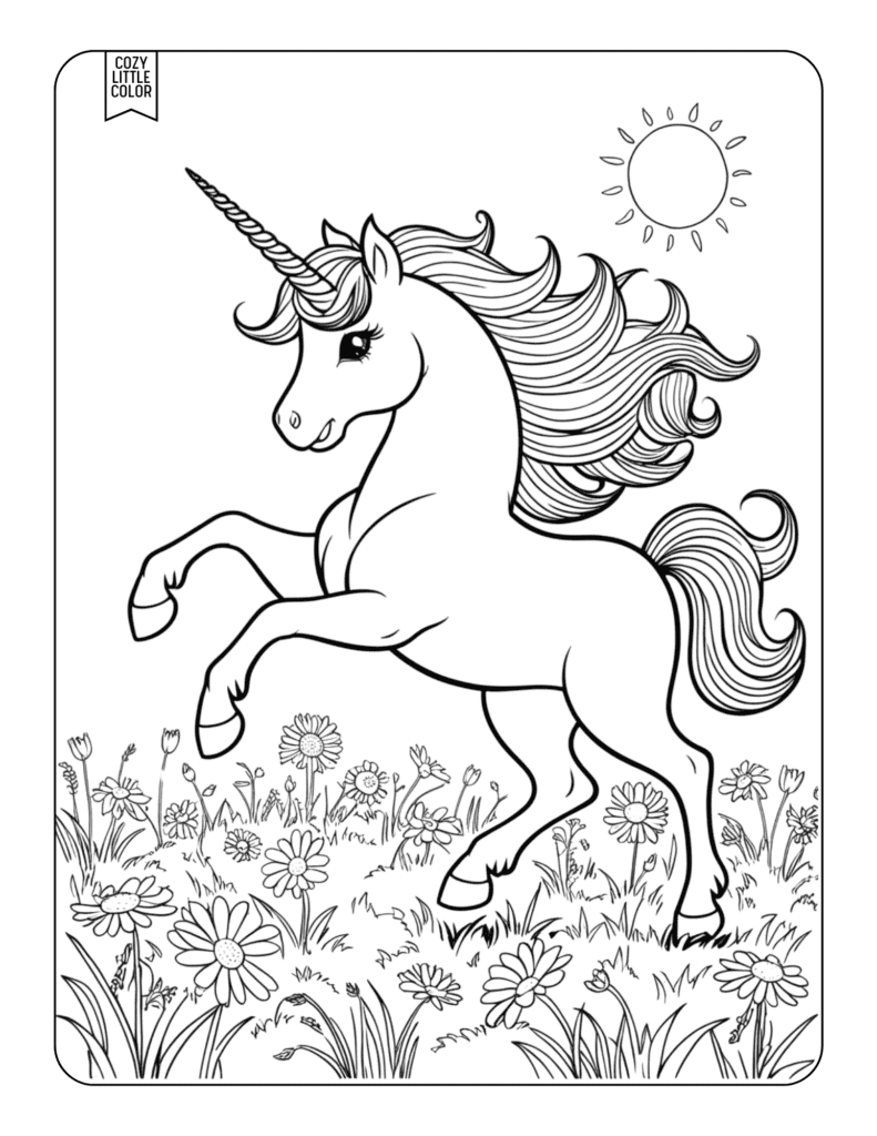 coloring page of a unicorn jumping in a field of flowers with a sun