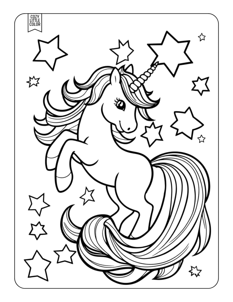 free printable coloring page of a unicorn with a long tail and hair with stars around it, flying or jumping