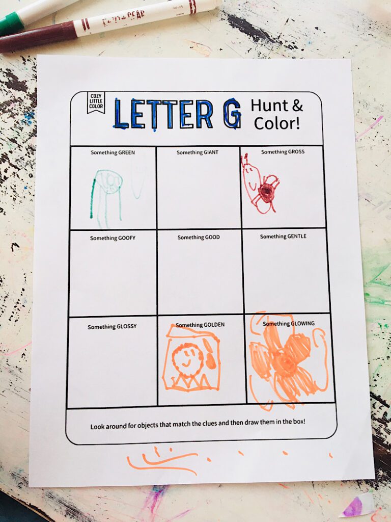 Letter G Hunt and color printable homeschool worksheet