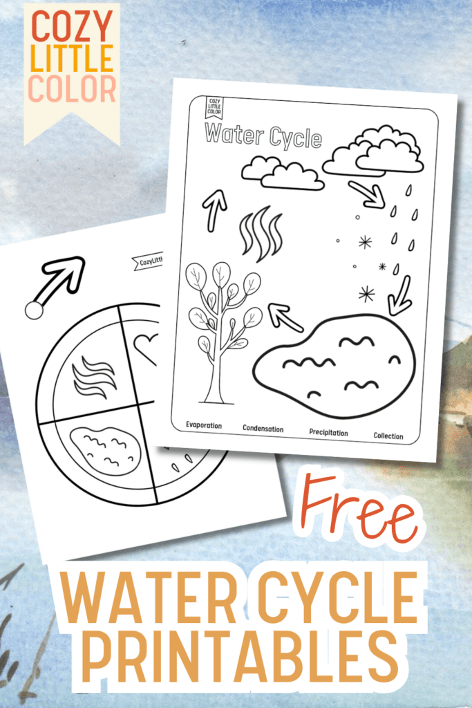 Worksheets of the water cycle on a watercolor background